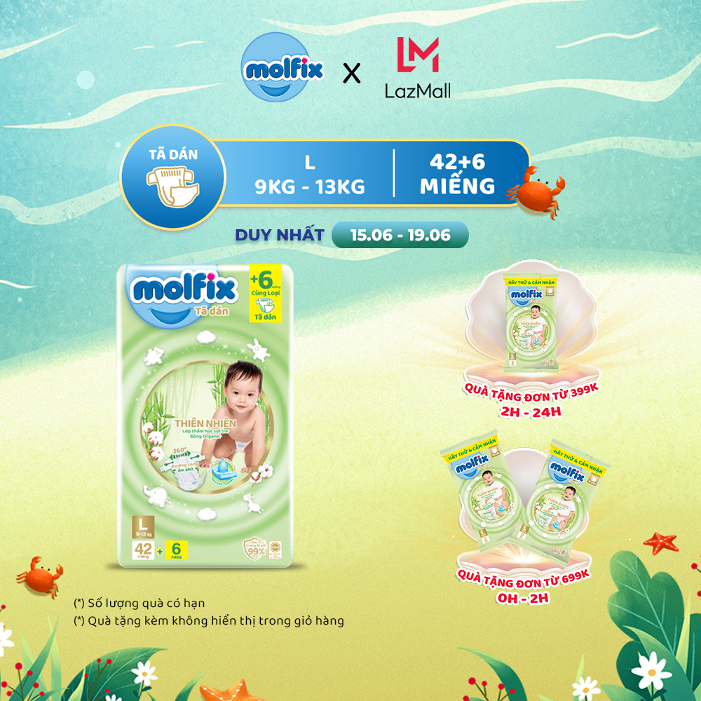 [Đơn 399K Tặng 2 miếng tã quần size L ] Tã/bỉm dán Molfix Thiên nhiên Jumbo L (9kg - 13kg) - Gói 42+6 miếng