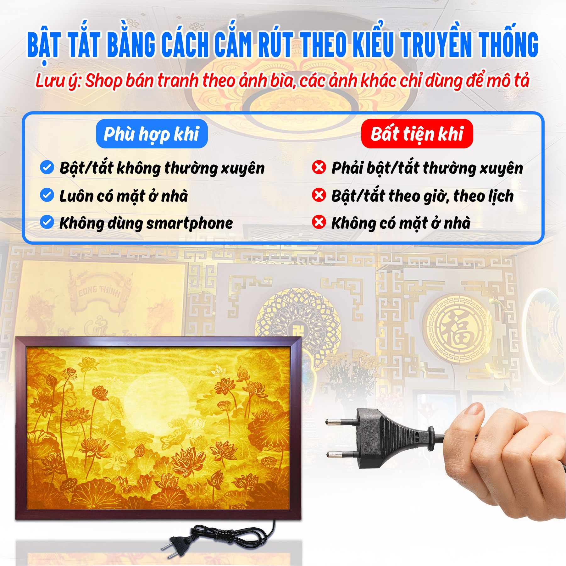 Đèn hào quang hoa sen in tranh trúc chỉ ngang chân thiện mỹ, trang trí bàn thờ gia tiên, treo phòng thờ tc-tn-03