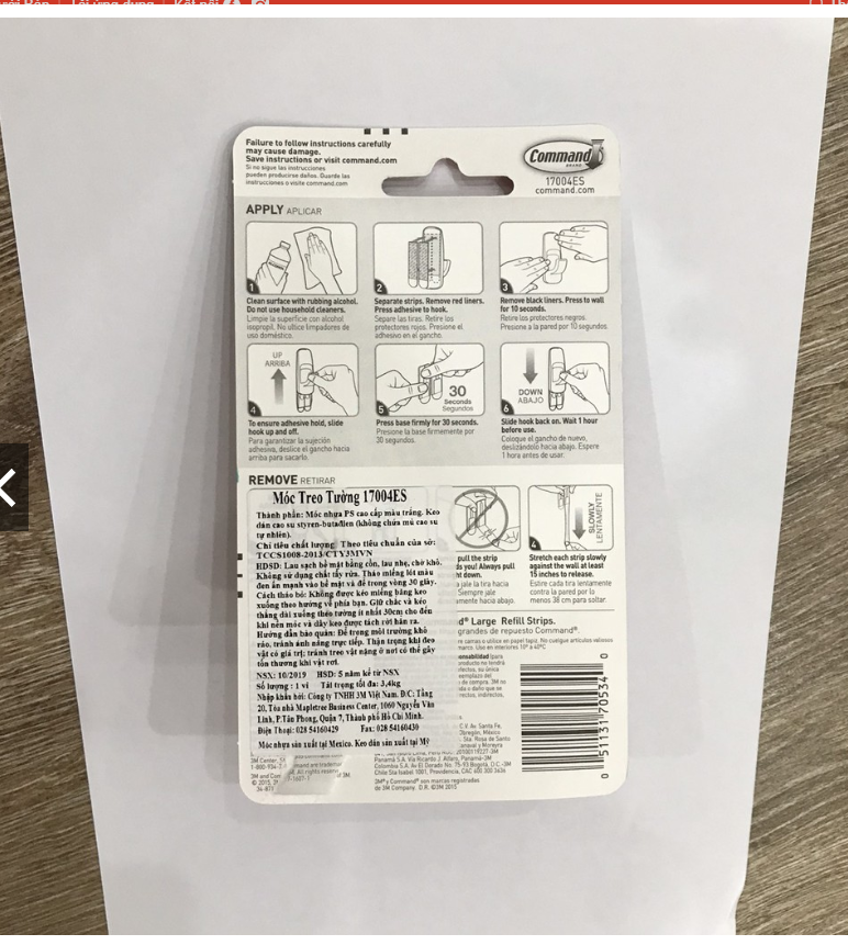 3M Móc Dán Tường Kiểu Vuông Command 17004, 3.4 kg