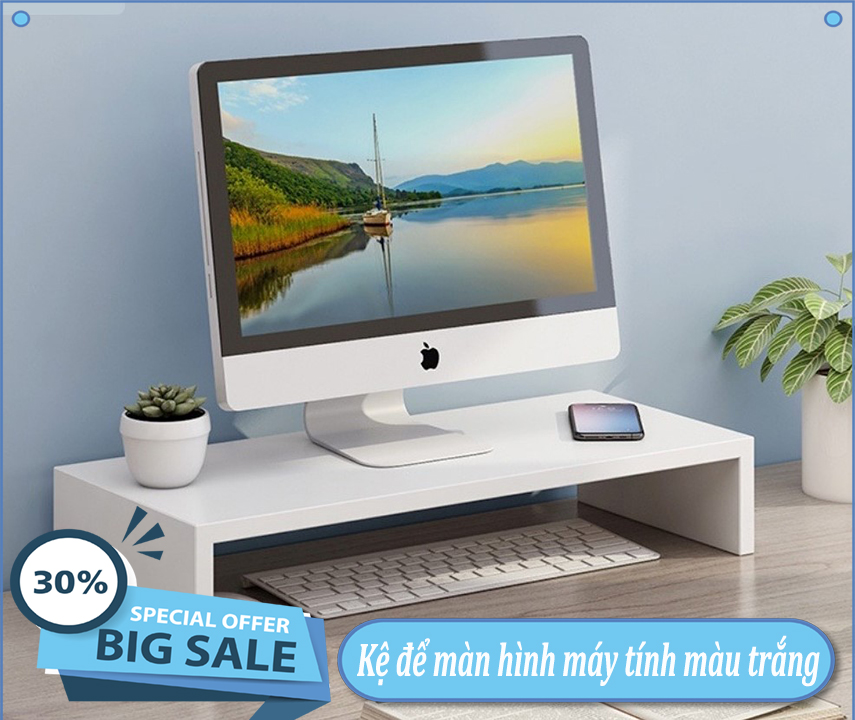 Kệ để màn hình máy tính trắng - Kệ để màn hình máy tính, laptop nâng cao màn hình chống gù lưng, chống đau vai, kệ máy tính để bàn có hộc để tài liệu - Kệ gỗ để bàn đa năng - Bàn laptop màu trắng