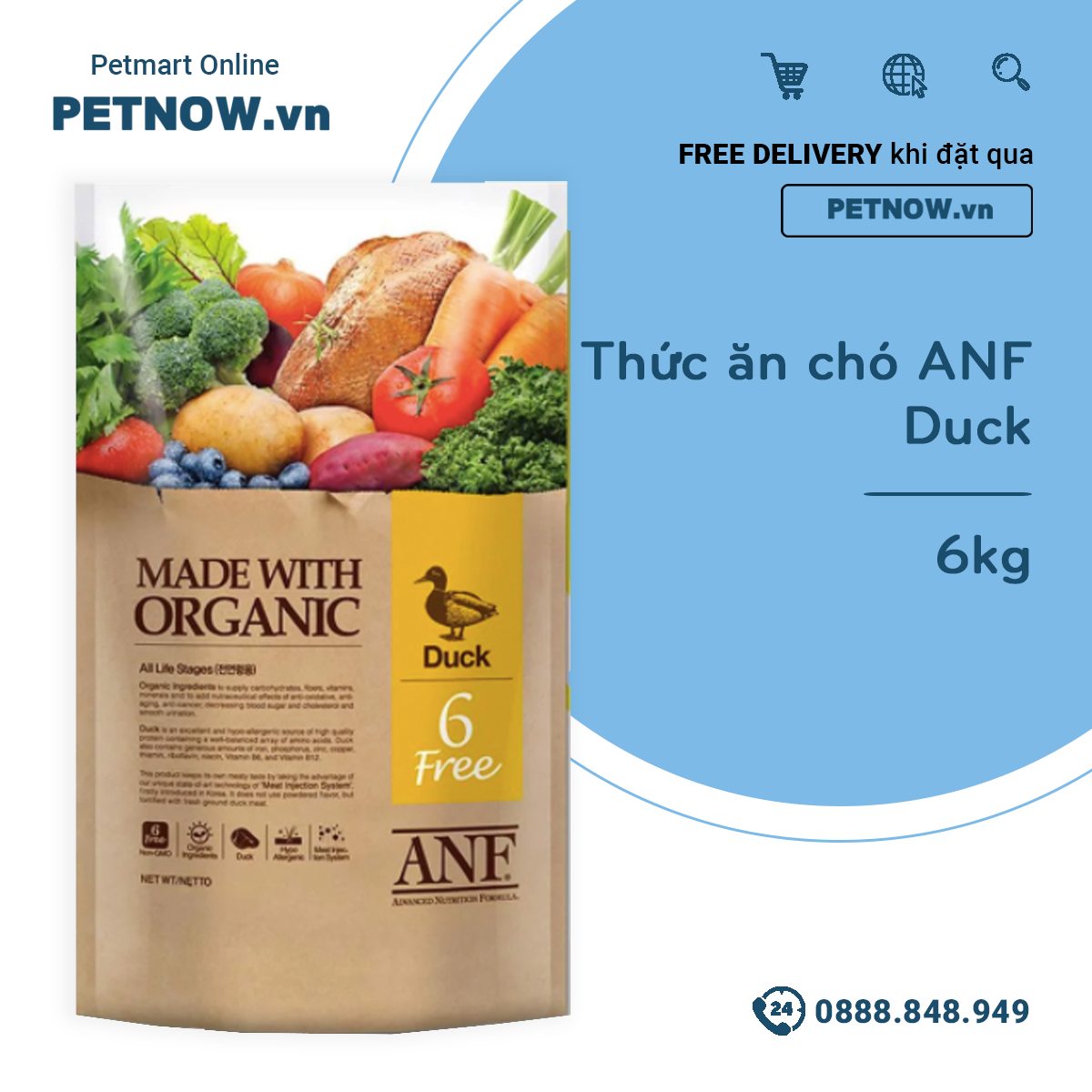 Thức ăn chó anf 6free vị thịt vịt 6kg - duck
