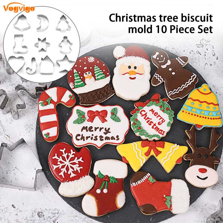 10PCS/Set Stainless Steel Christmas Cookie Cutters Xmas Tree Star House Bells Snowflake Baking Cake Biscuit Fondant Mold