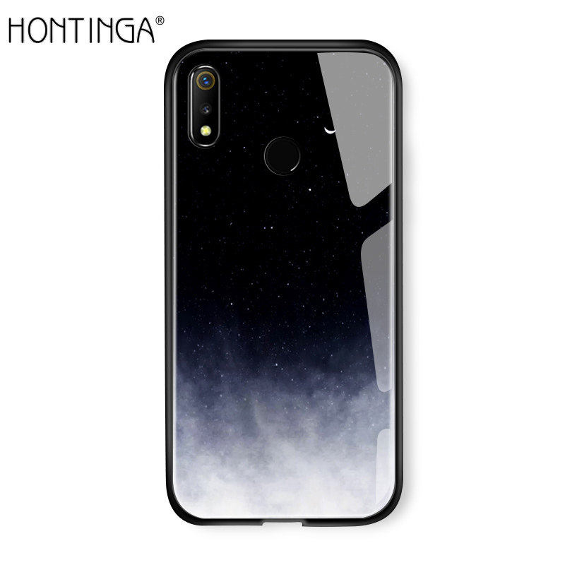 Hontinga For Realme 3 Aurora Galaxy Space Sky Starry Gradient Casing Case Shockproof Tempered Glass Back Cover