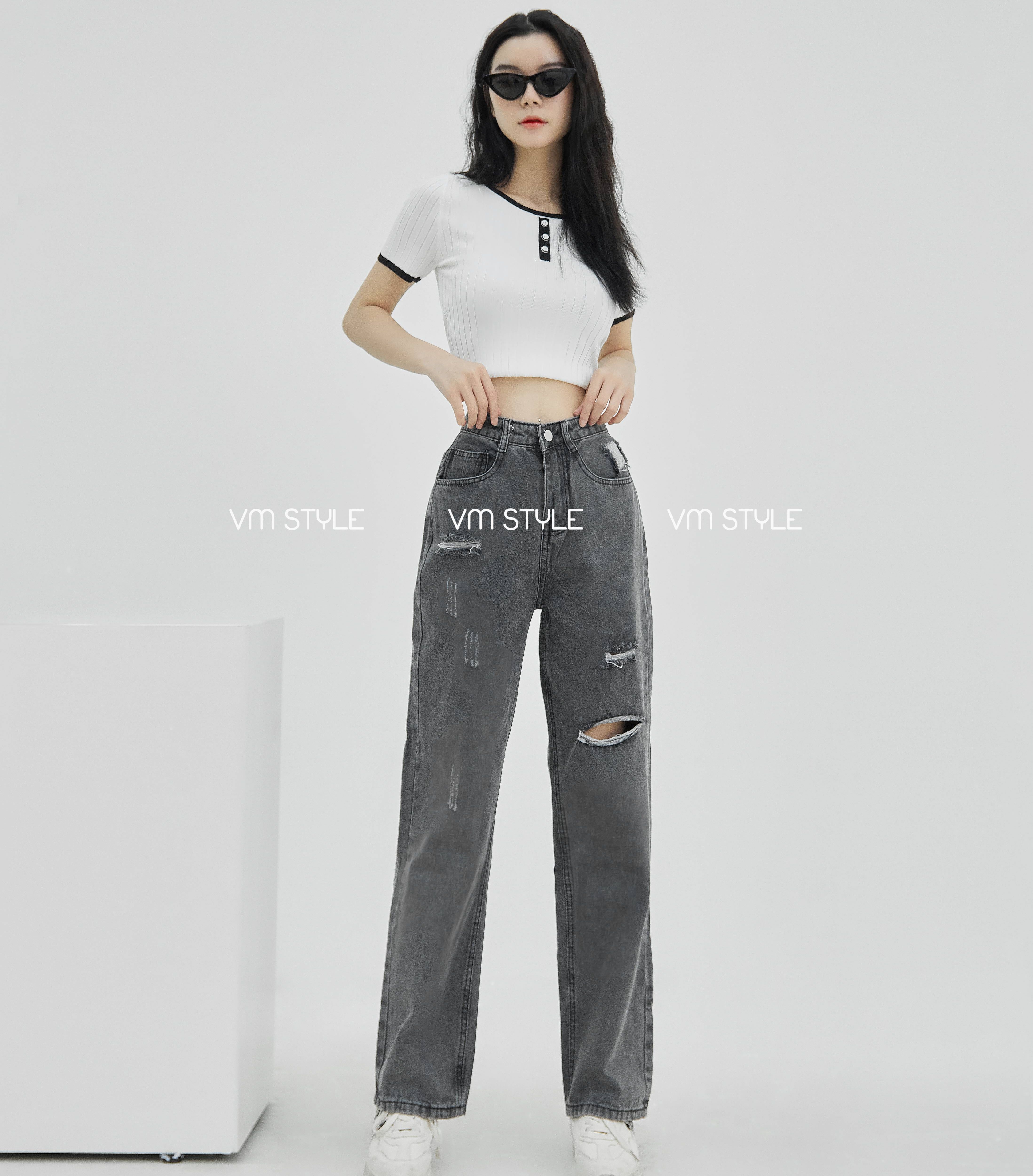 Quần jean nữ ống rộng VMSTYLE QJR00048 lưng cao hách dáng, xước rách cá tính lai thường 3529