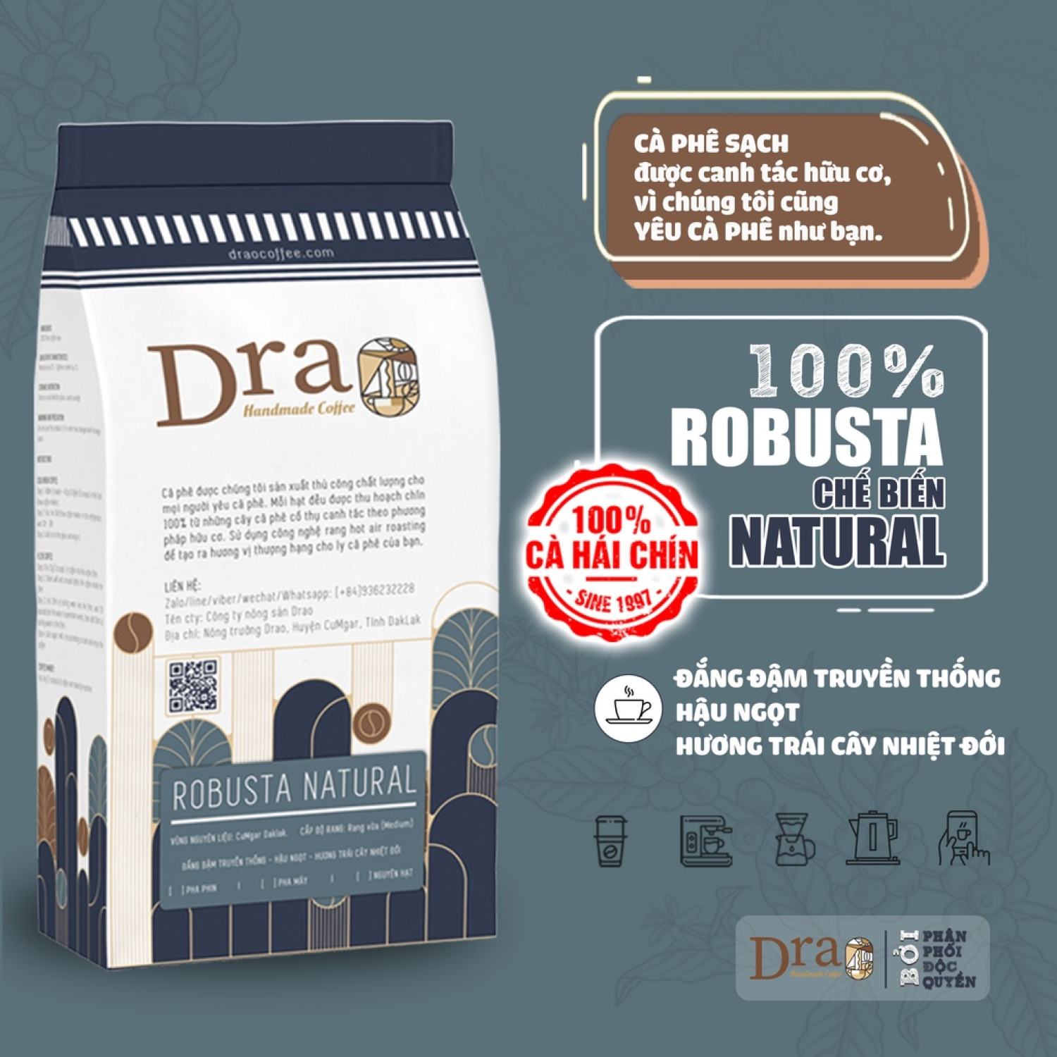Cà phê Robusta Natural 100% nguyên chất rang mộc, cà phê sạch hữu cơ, pha phin, pha máy, espresso