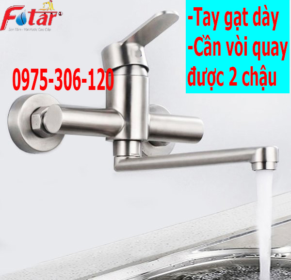 [HCM]Vòi Rửa Chén Bát Nóng Lạnh Inox 304 âm tường quay 360 độ dùng cho 2 hộc chậu N4017, cần vòi quay trái phải dễ dàng, rửa được 2 hộc chậu