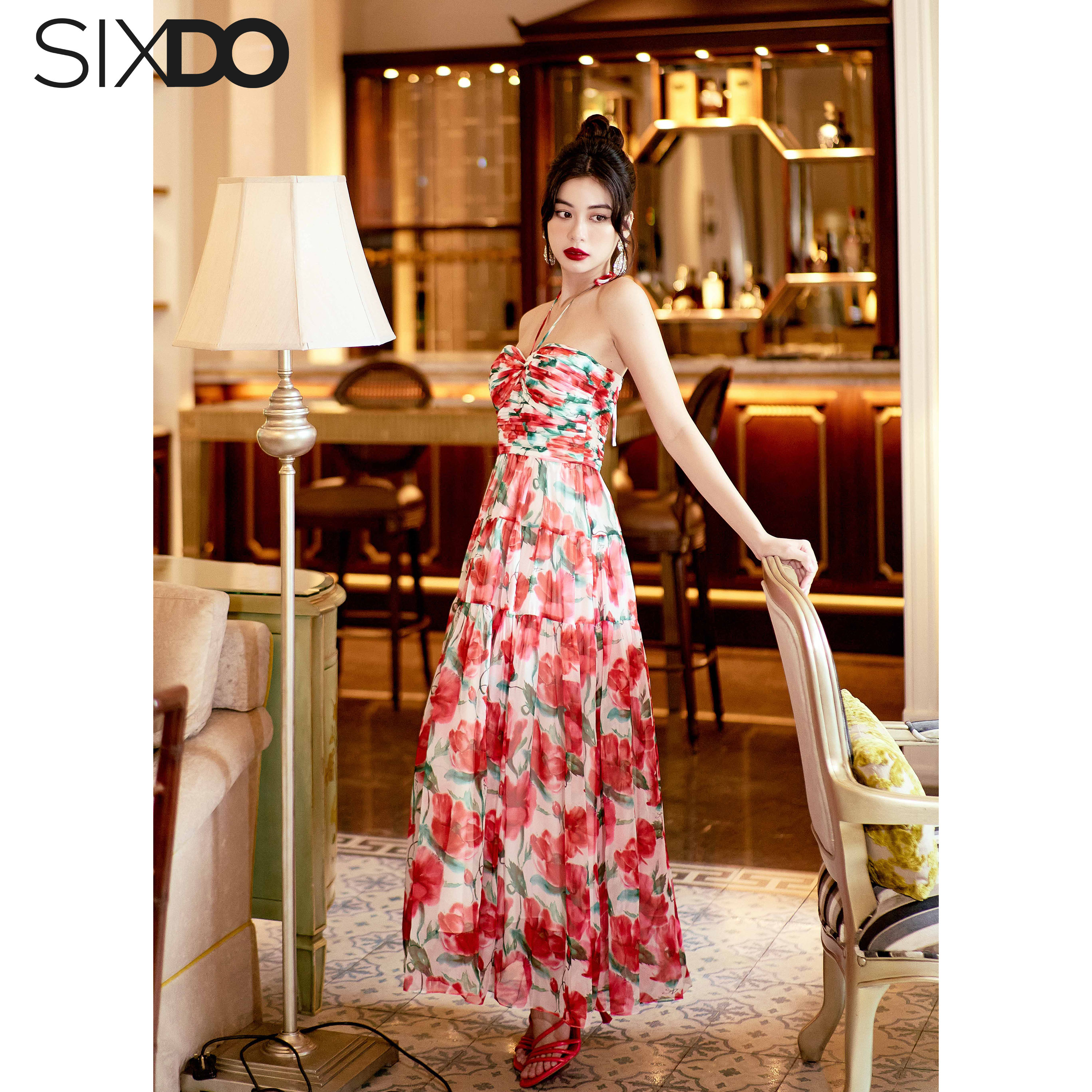 Đầm voan hoa cúp ngực SIXDO (White Cherry Blossom Midi Voile Dress)