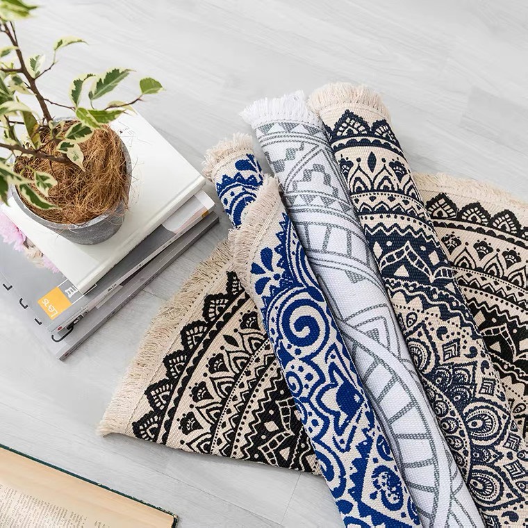 Thảm tròn lót sàn tua rua, Thảm trải sàn hình tròn phong cách vintage trang trí phòng khách, phòng ngủ 90cm decor phòng phong cách cổ điển