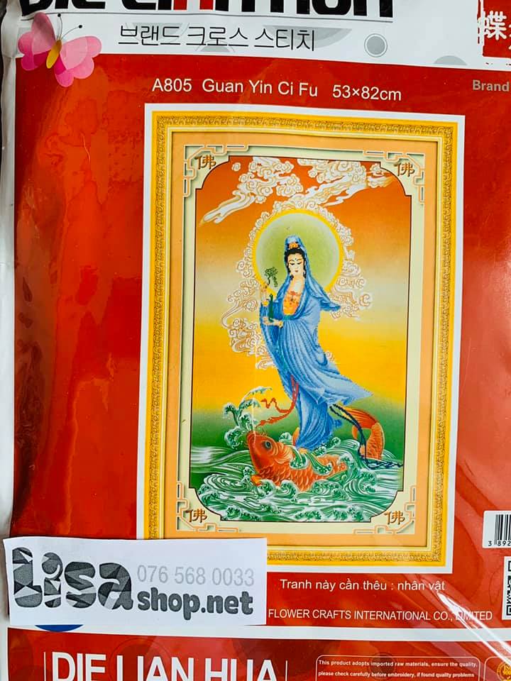 Tranh thêu chữ thập PHẬT QUAN ÂM 53x82cm chưa thêu 3d a805