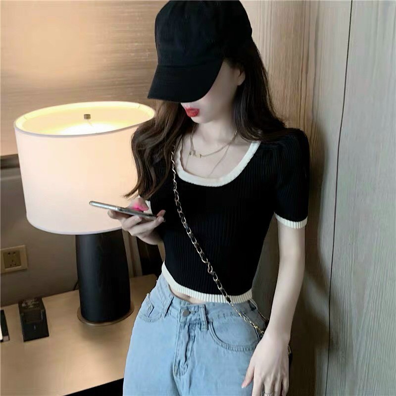 Áo thun gân croptop cổ chữ U ngắn tay xinh xắn TTSLA0434