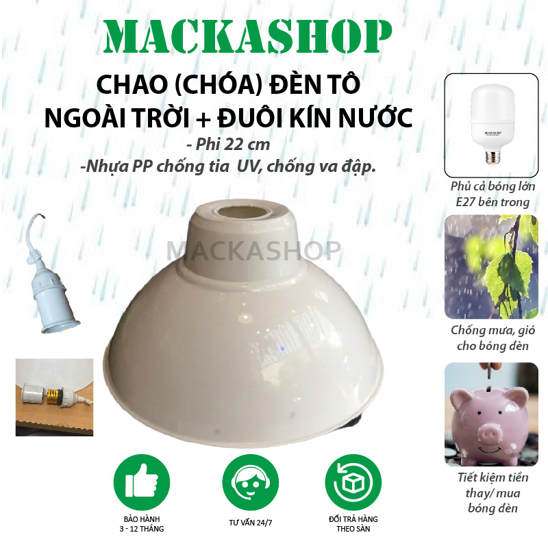 Bộ Chao đèn Chóa đèn nhựa tô trắng ngoài trời 22cm và đui E27 Kín nước