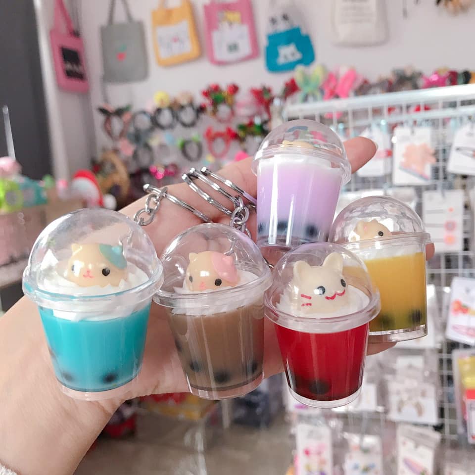 Móc khóa cute, móc chìa khóa hình ly trà sữa cute
