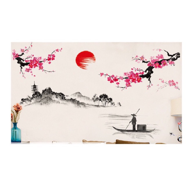 Decal dán tường Hoa đào, ông lái đò và ánh trăng