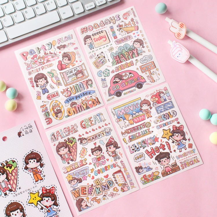[ATKSHOP] Sticker Cô Gái decor trang trí bàn học, sổ nhật kí ( Set 4 tấm)