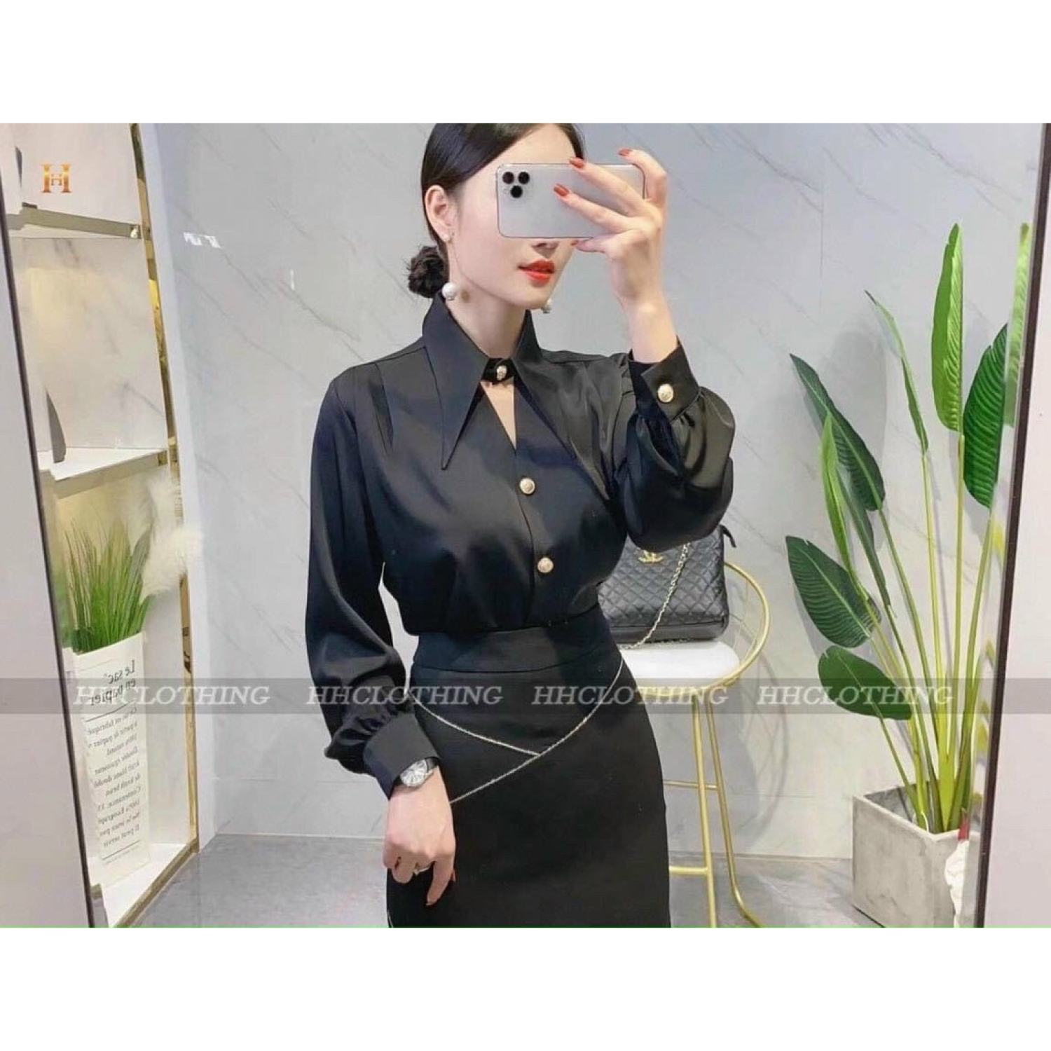 Áo sơ mi lụa công sở cổ lá khoét ngực cao cấp