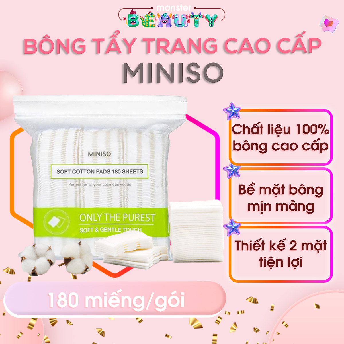 ⭐bông tẩy trang cao cấp miniso nhật bản 180 miếng - monster beauty