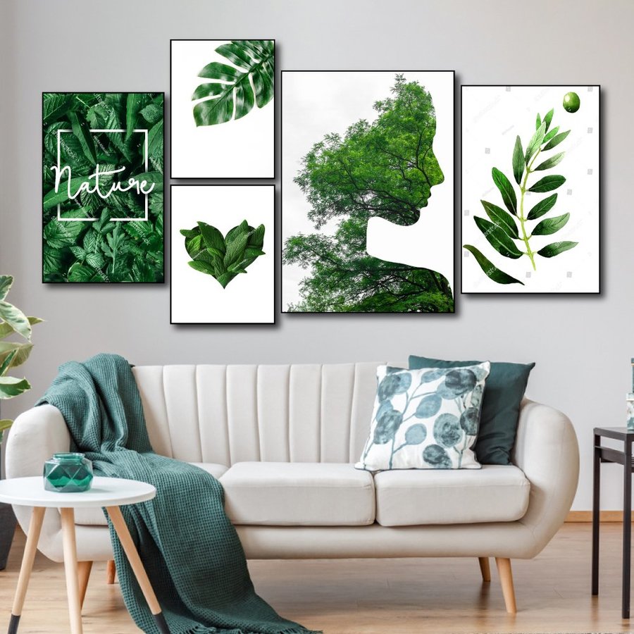 Lalashop Bộ Tranh Canvas treo tường Lá xanh 5 Tấm Tranh treo tường phòng khách khổ lớn có khung tặng kèm đinh Mẫu TG466 tranh bộ treo tường
