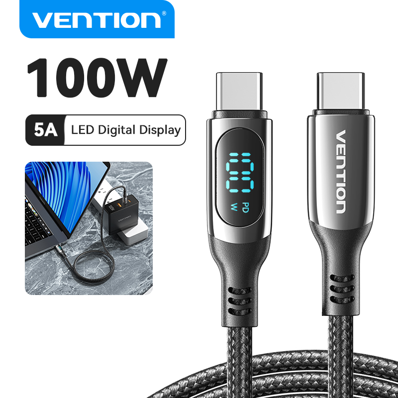 Vention 5a 100w e-marker samrt led usb 2.0 type c to type c cable fast charging for macbook air 2020 samsung s22+ note 20 s10 laptops usb c to usb c cable