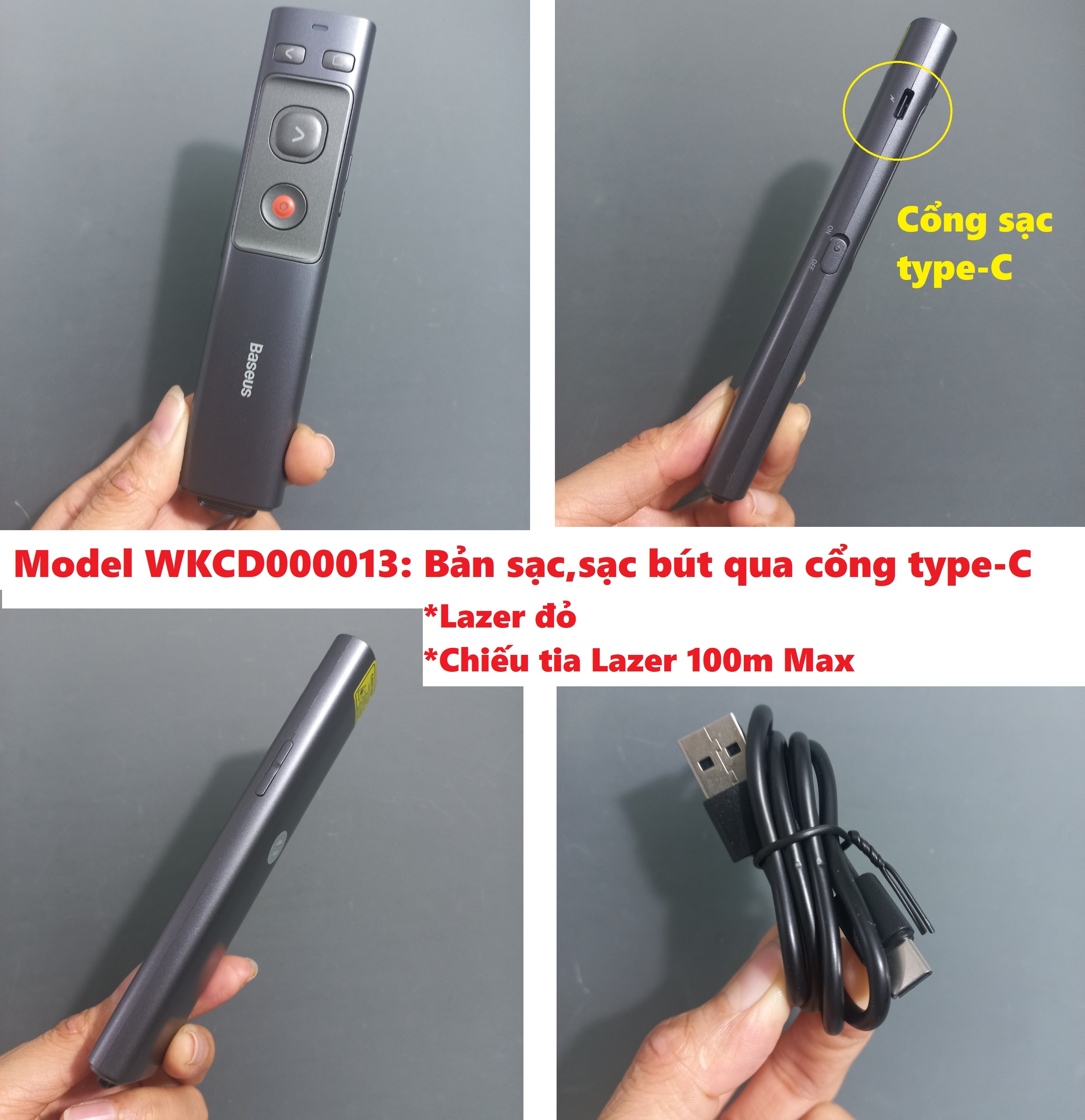 Bút trình chiếu bấm lazer thuyết trình powerpoint đầu kết nối 2 cổng c+u baseus orange dot acfyb-0g / wkcd000013