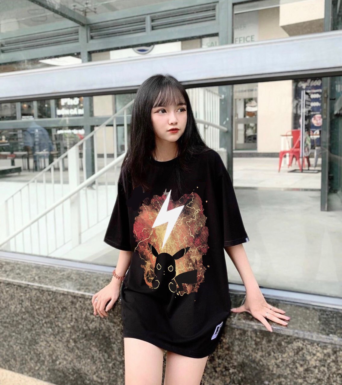 Áo thun pikachu unisex 3d from rộng nam nữ blackwhite1