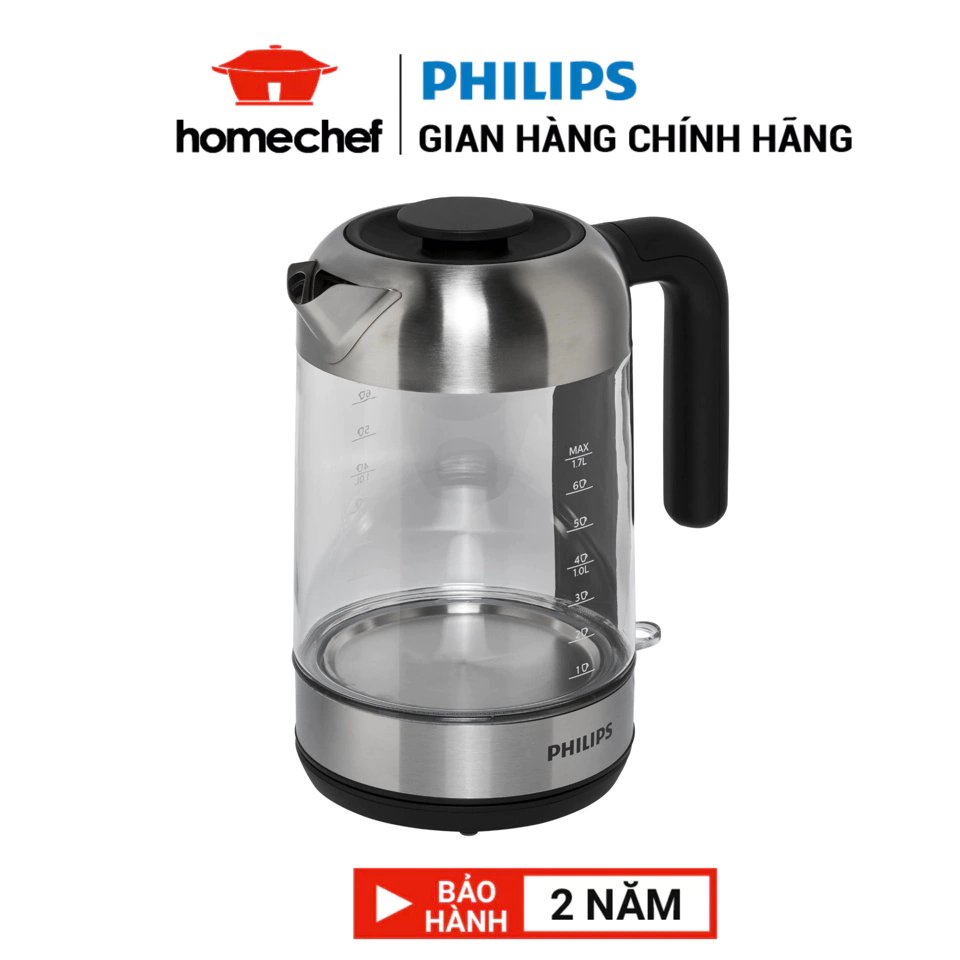 Bình/ấm siêu tốc philips hd9339/80, dung tích 1.7l, thân thủy tinh công suất 2200w, bảo hành 2 năm chính hãng