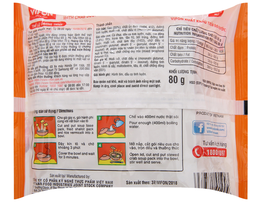[Siêu thị WinMart] - Bún Riêu Cua Ăn Liền Vifon gói 80g