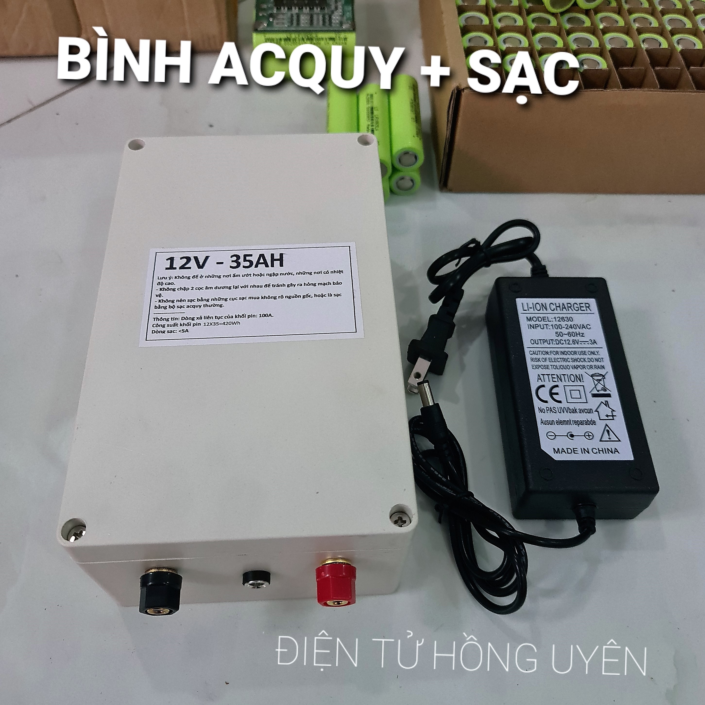 Bình Acquy Pin Lithium 12V - 35AH - 100A. Được đóng khối từ 48 cell Pin 18650 + mạch bảo vệ sạc xả 3S 100A