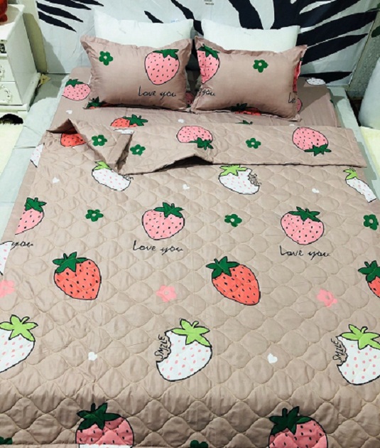 Bộ Ga Gối ( 1 ga bọc, 2 áo gối nằm ) Mẫu Dâu Tây Nâu