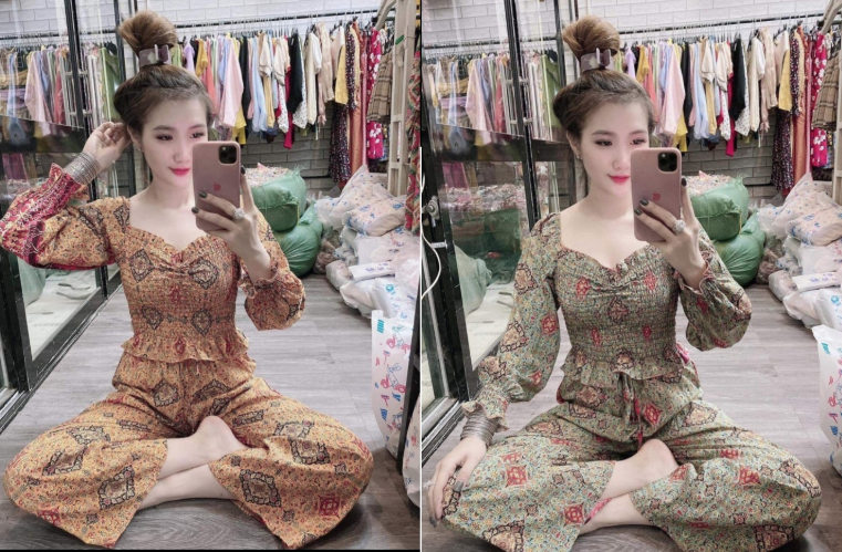 Set bộ nữ họa tiết thổ cẩm quần dài ống rộng áo tay dài