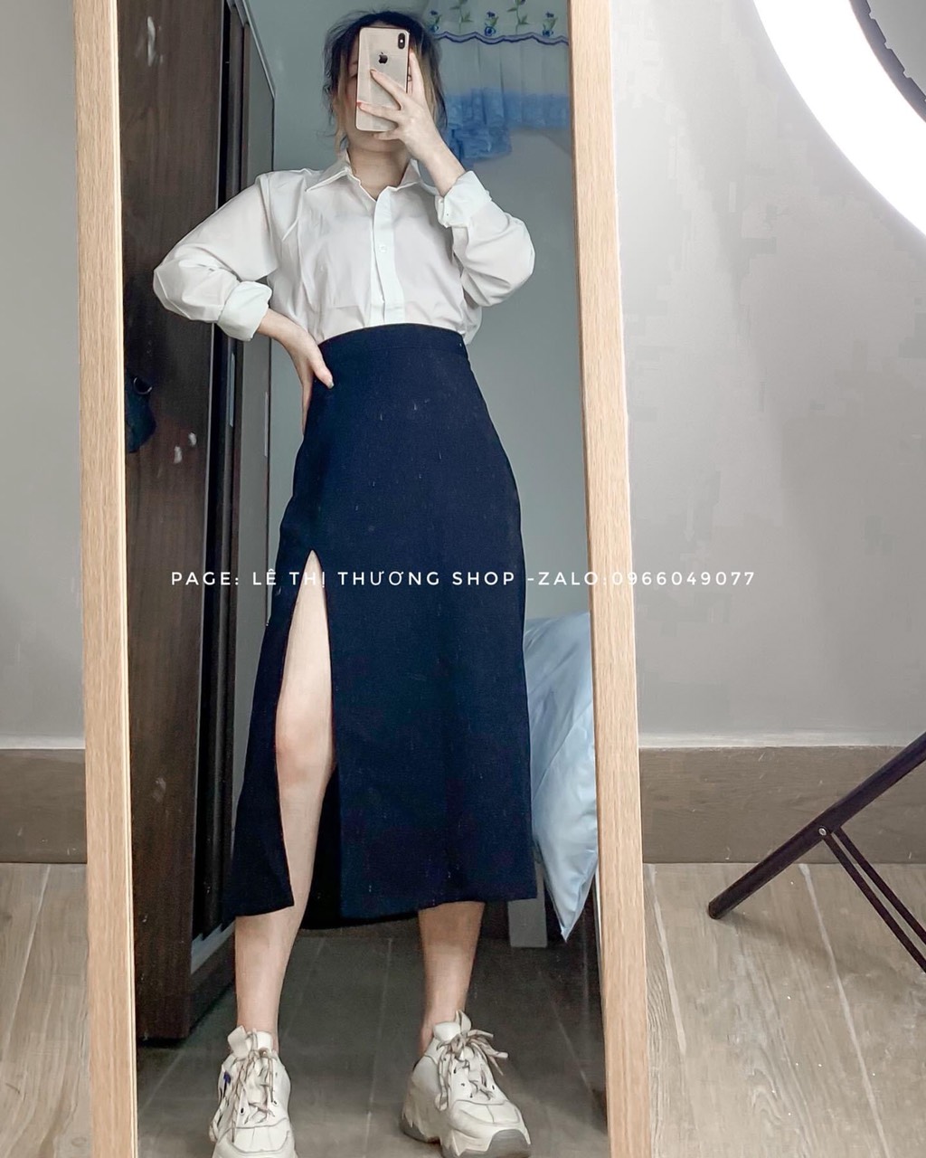 SET VÁY XẺ TÀ + SƠ MI TAY DÀI