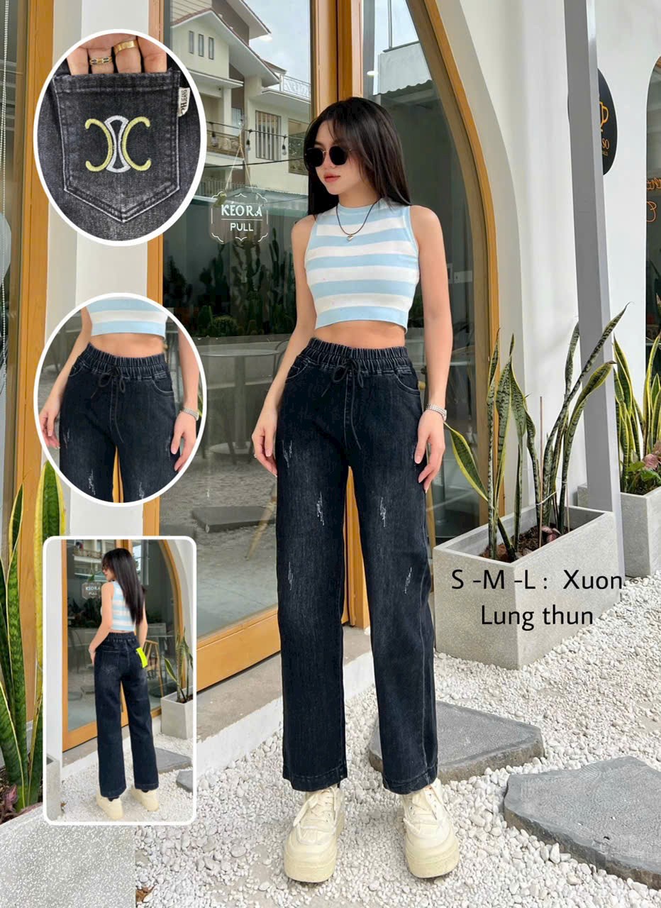 Quần Baggy Jean Nữ Dáng Dài Lưng Thun Suông Lai Hàng Co Giãn Thêu Túi Ảnh Thật