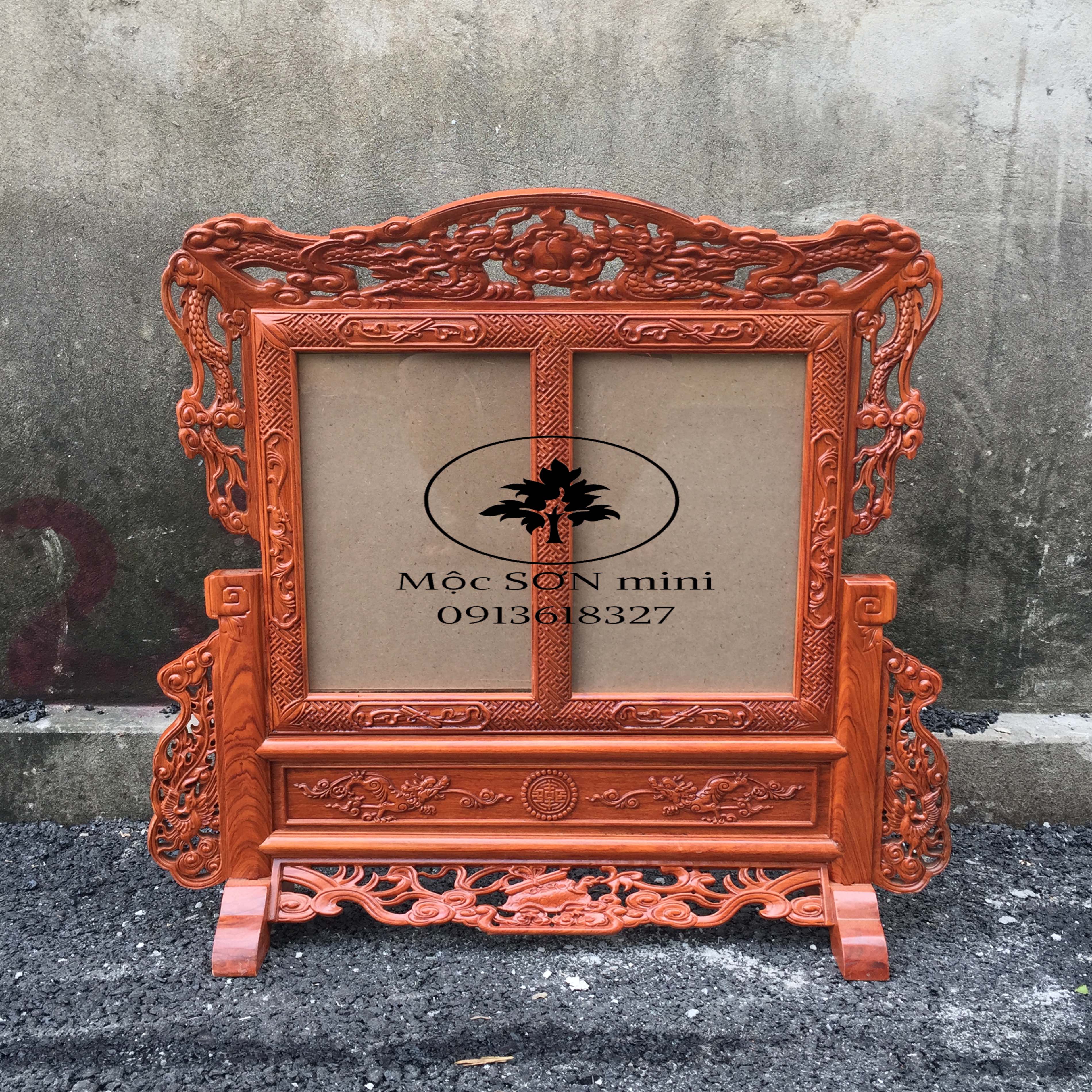 Khung ảnh thờ đôi tứ linh gỗ hương,khung hình thờ đôi,khung ảnh ban thờsắc cấp đẹp 2 hình thờ gỗ hương  cỡ ảnh 21x31