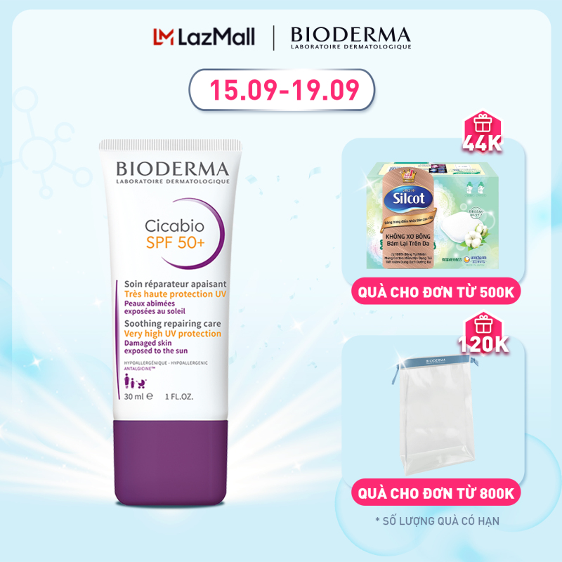 Kem dưỡng phục hồi nhanh và hạn chế tăng sắc tố cho da tổn thương Bioderma Cicabio Creme SPF 50+ - 30ml nhập khẩu