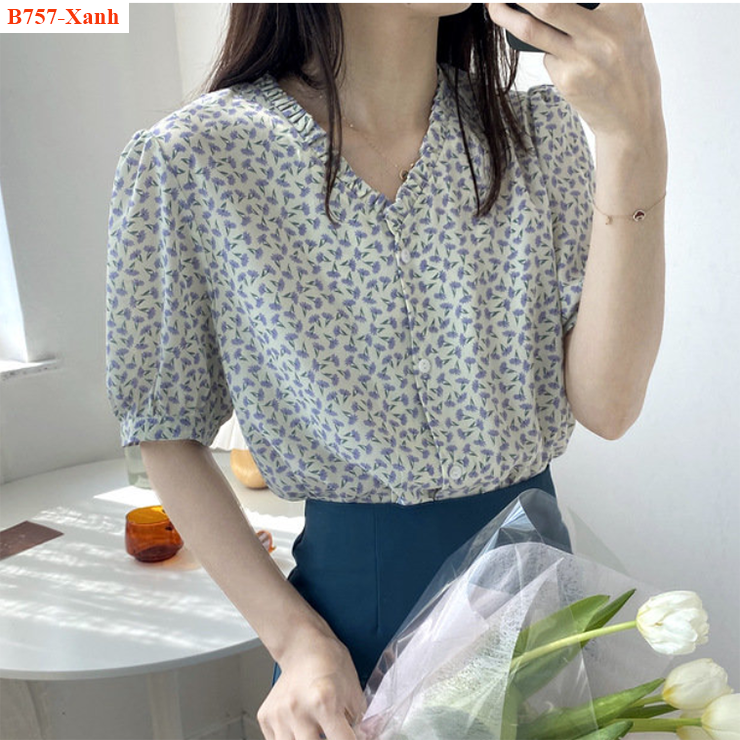 [HCM]B757- Áo họa tiết cổ V xếp ly
