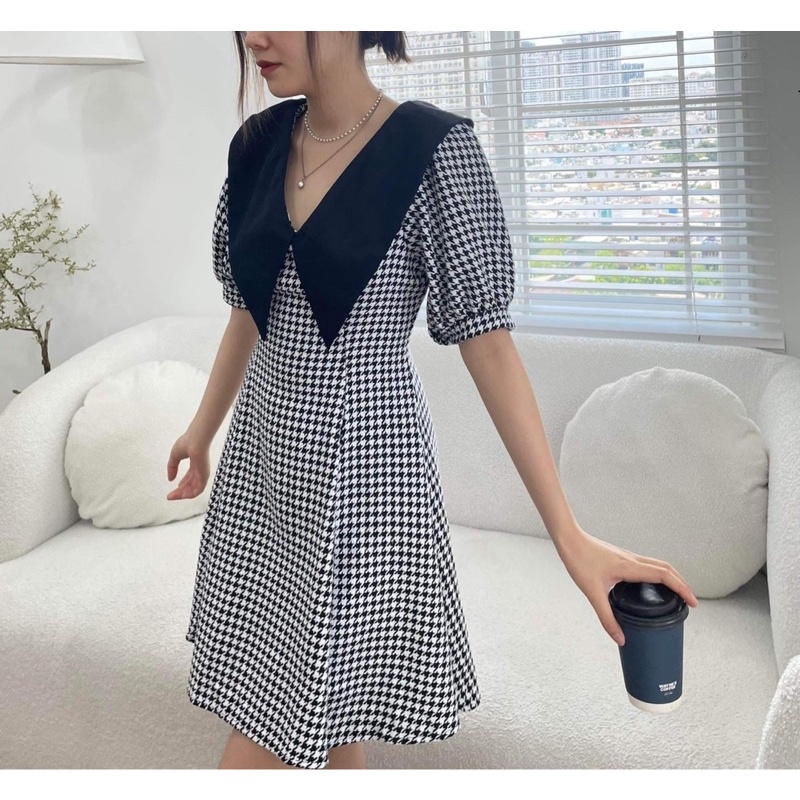 Đầm dạ bố caro phối cổ peter đen (có bigsize)