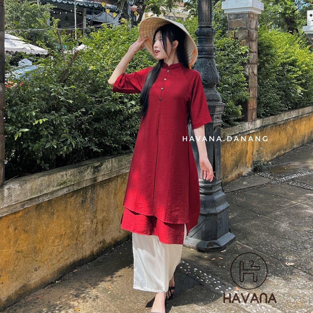 Áo dài lụa đũi tơ mềm mại cúc gỗ kèm quần lụa, set áo dài cách tân tết tứ thân AE366