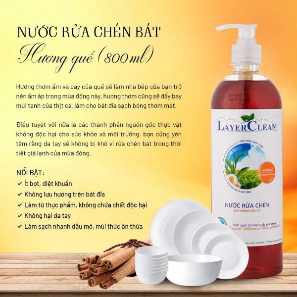 Nước rửa chén bát hữu cơ Layer Clean hương Quế chai 800ml