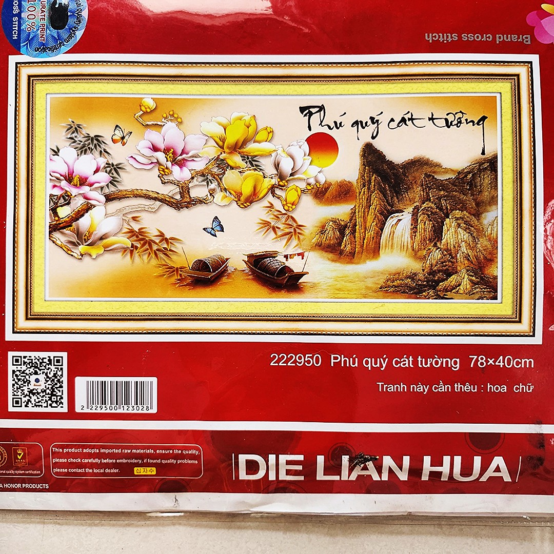 Tranh thêu chữ thập PHÚ QUÝ CÁT TƯỜNG 78x40cm hàng chính hãng die lian hua- tranh chưa thêu 222950