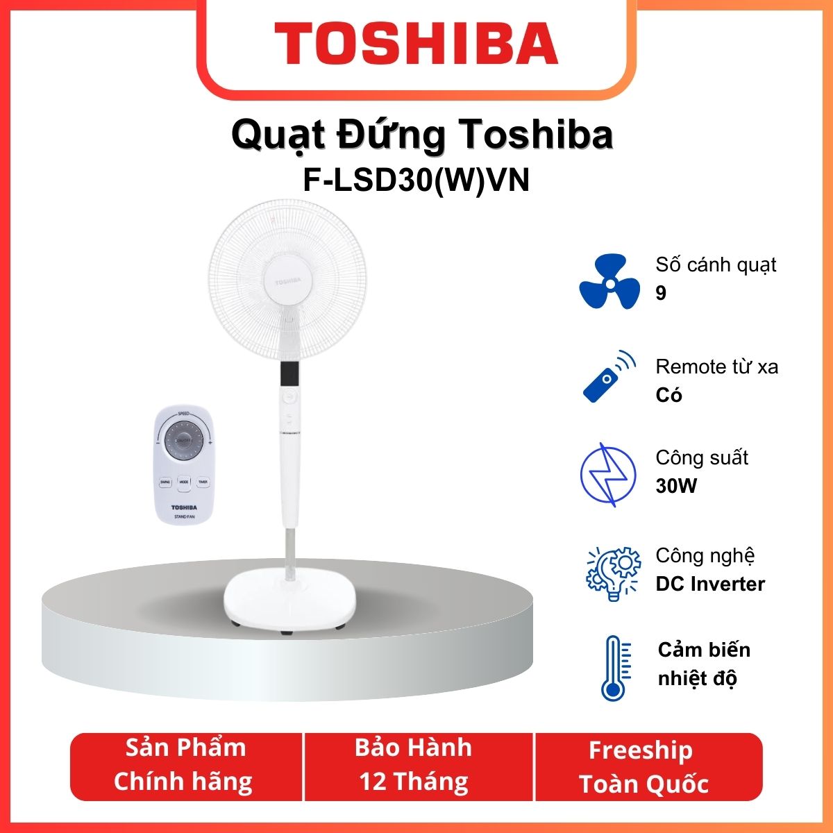 Quạt đứng, quạt cây toshiba f-lsd30vn - 9 cánh - 26 mức gió - remote điều khiển - inverter- hàng chính hãng - giao hỏa tốc 2h