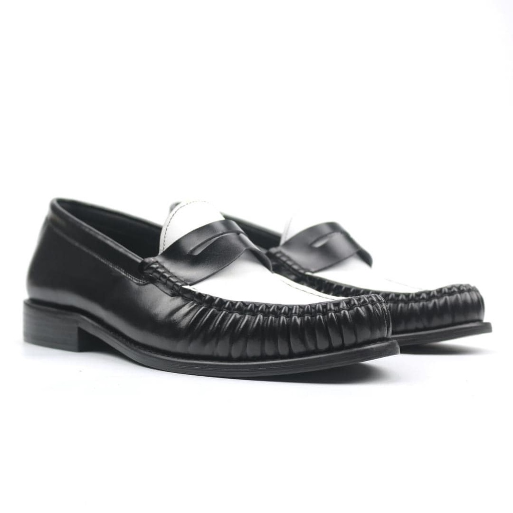 Giày Penny Loafer Black off White da bò thật cao cấp nhập khẩu LF-01