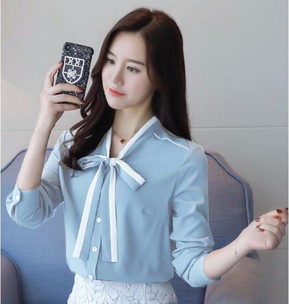 Áo Sơ Mi Phối Màu Kèm Nơ Cổ Tay Dài   (KÈM QUÀ TẶNG)