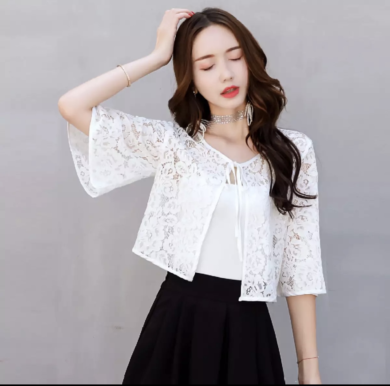 Áo choàng ren cột nơ tiểu thư xinh xắn