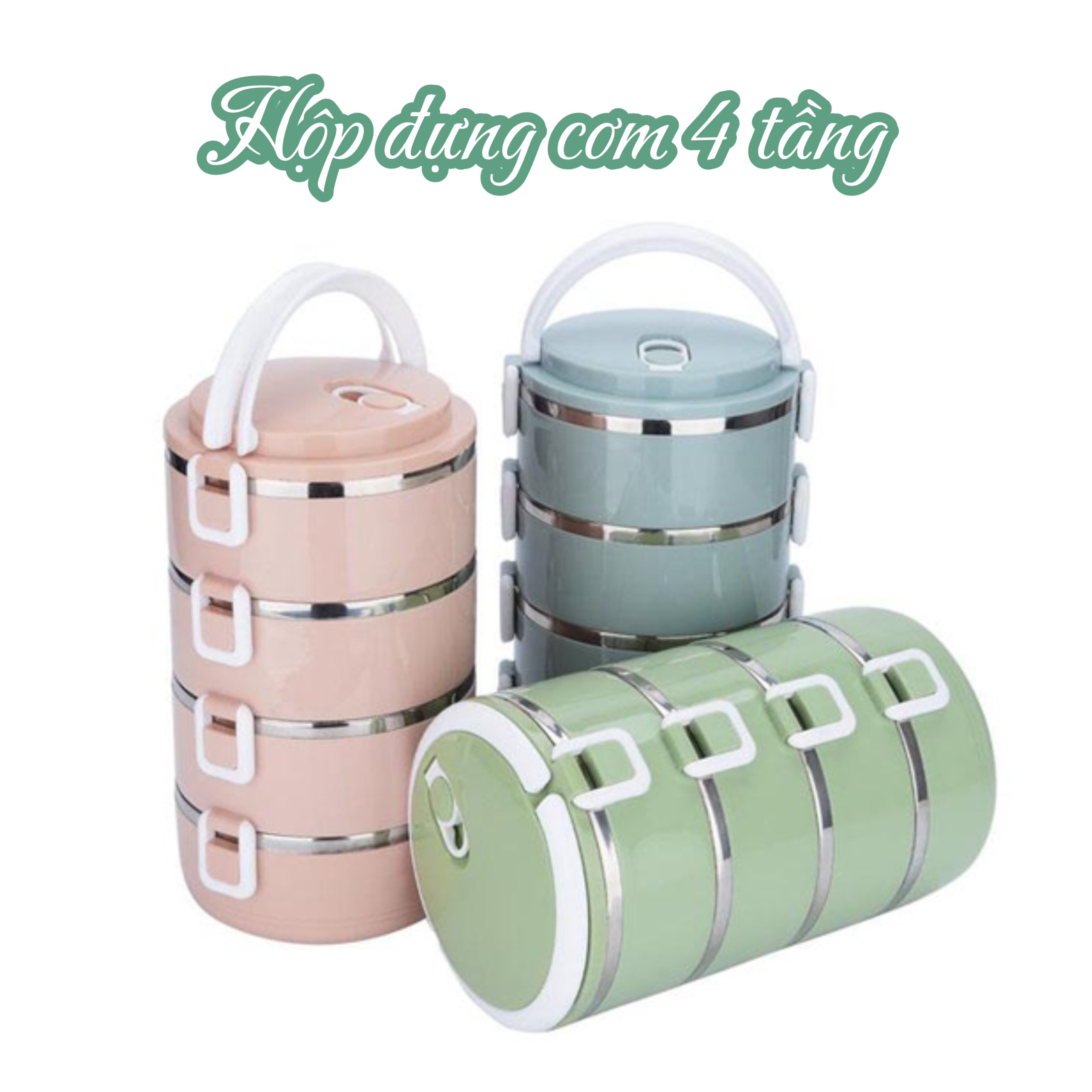 Hộp đựng cơm 4 tầng, Camen giữ nhiệt ruột inox khuôn tròn có nắp thoát hơi 4 tầng