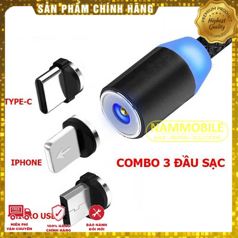 Free ship cáp sạc từ 3 đầu lightning type-c micro usb 1m