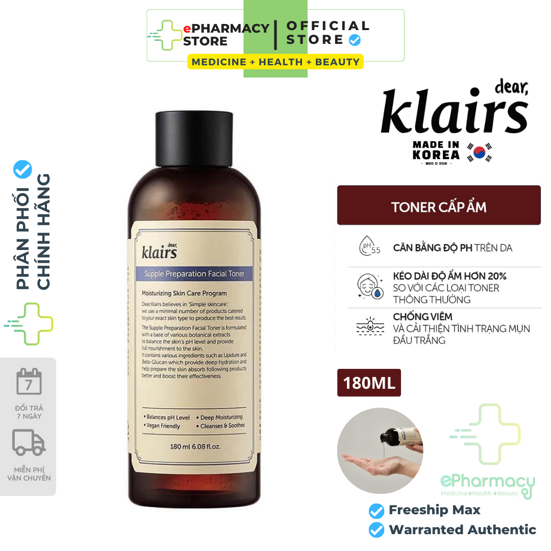 Toner Klairs Supple Preparation Facial - Nước Cân Bằng Klairs có mùi dưỡng ẩm & làm mềm da 180ml