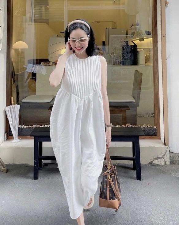 [Ảnh thật] Đầm suông cổ tròn xếp li xinh xắn chất linen lụa mềm đẹp