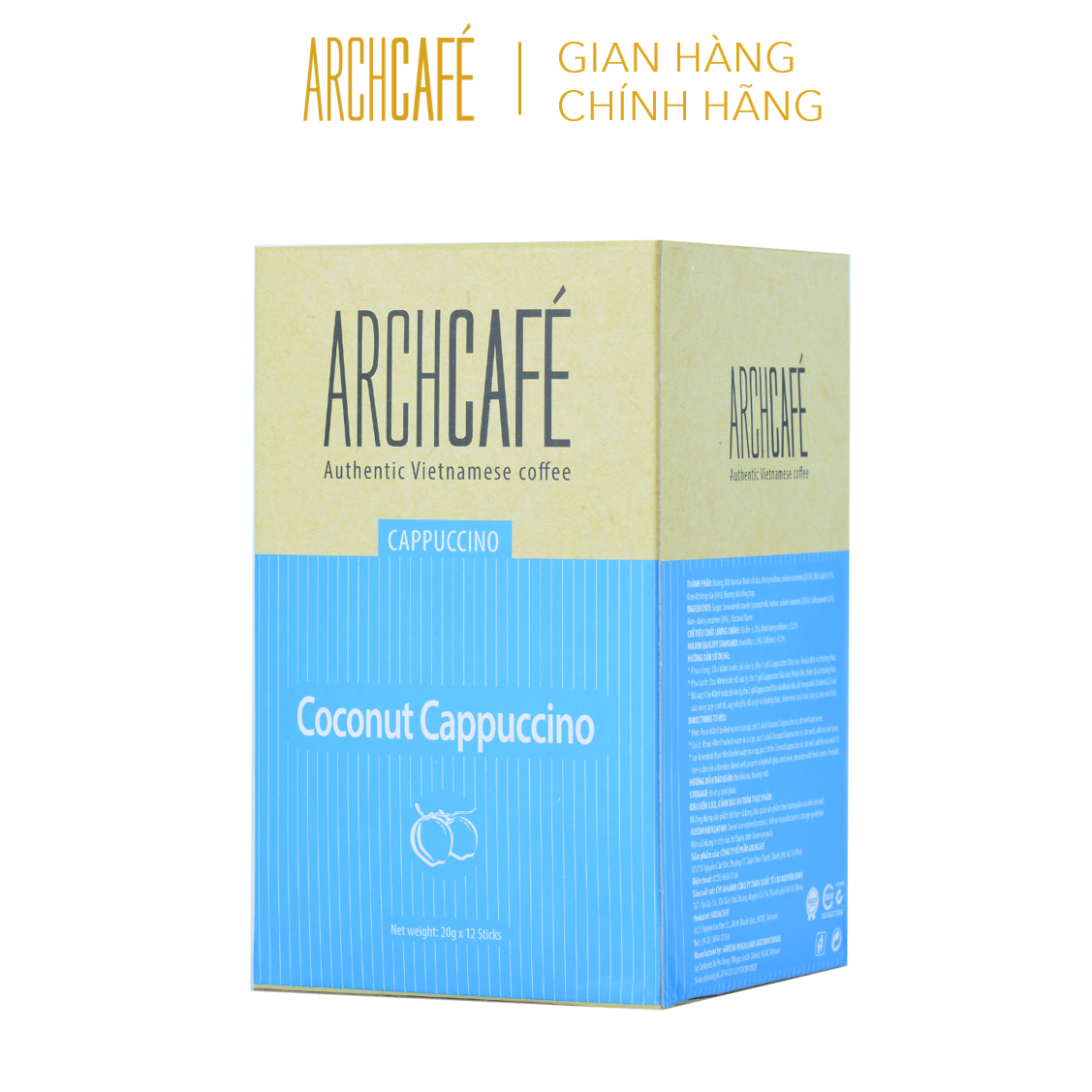 Combo 3 hộp Cappuccino Dừa - Cà phê hòa tan Archcafe (Hộp 12 gói x 20g)