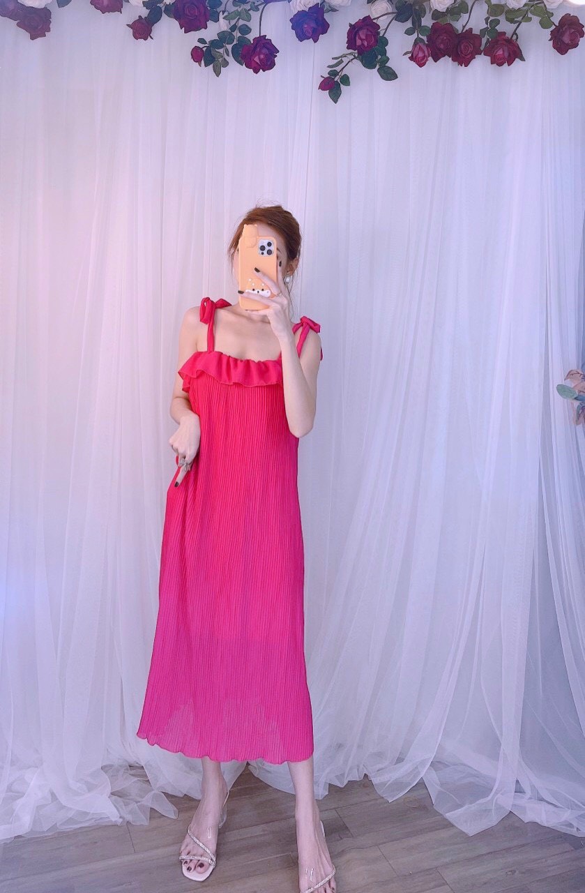 Đầm maxi hai dây cột nơ vai+  ảnh thật mẫu mặc