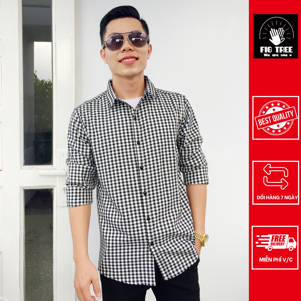 Áo sơ mi nam caro trắng đen mã 147c
