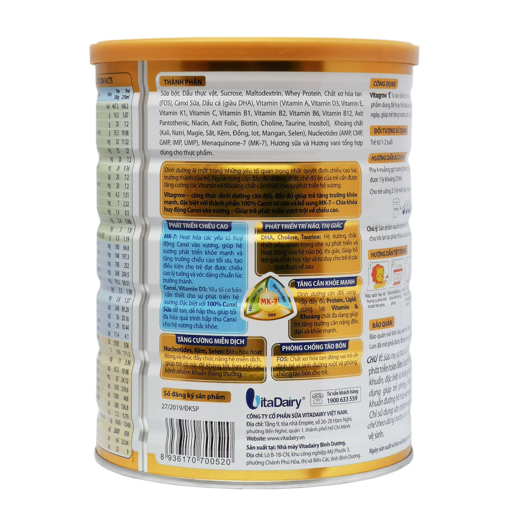 Sữa Bột Vitadairy Vitagrow 1+ Hộp 900g (Tăng chiều cao vượt trội; Cho trẻ 1~2 tuổi)